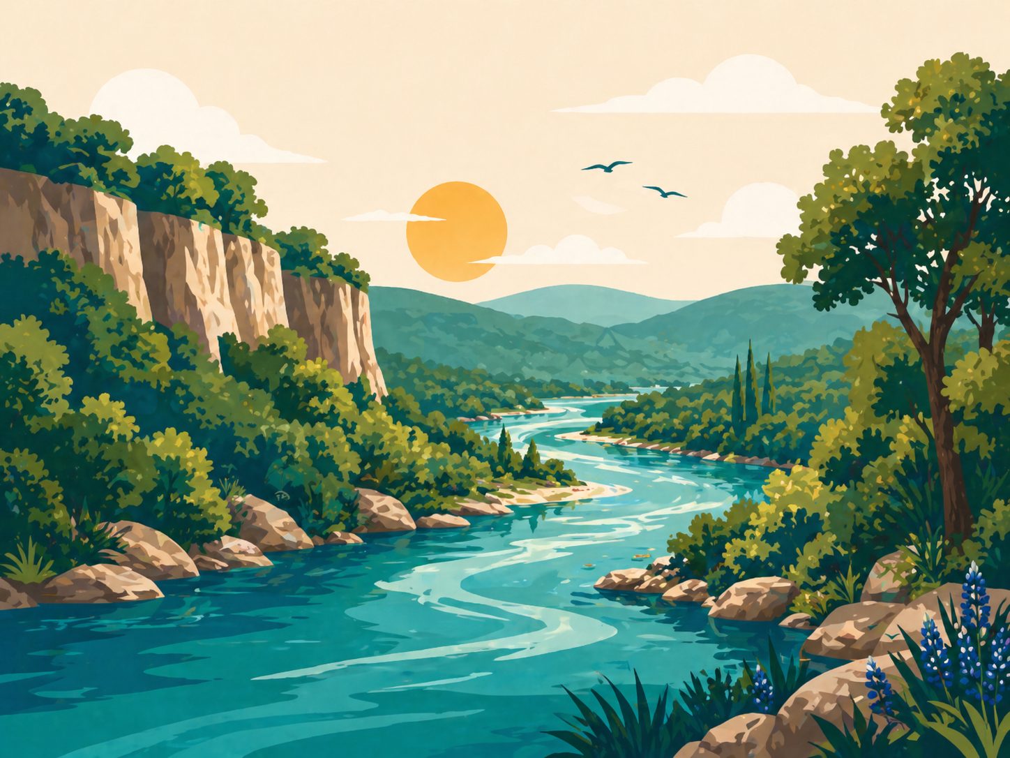 Illustrated river valley at sunset