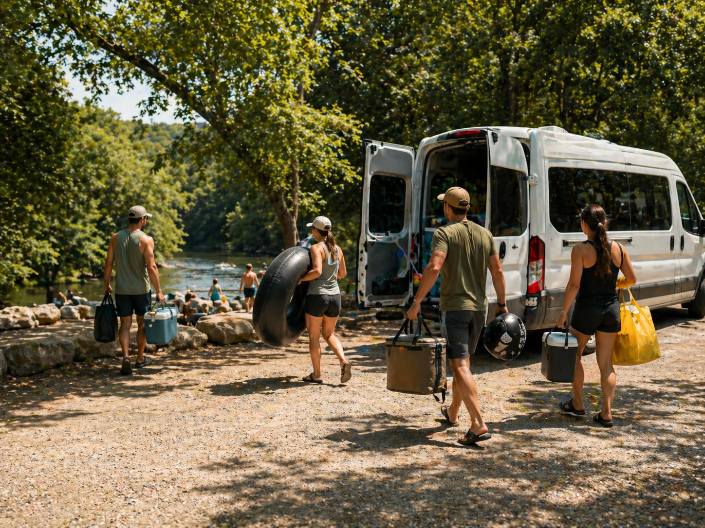 People carrying float gear from a parking area toward the river.