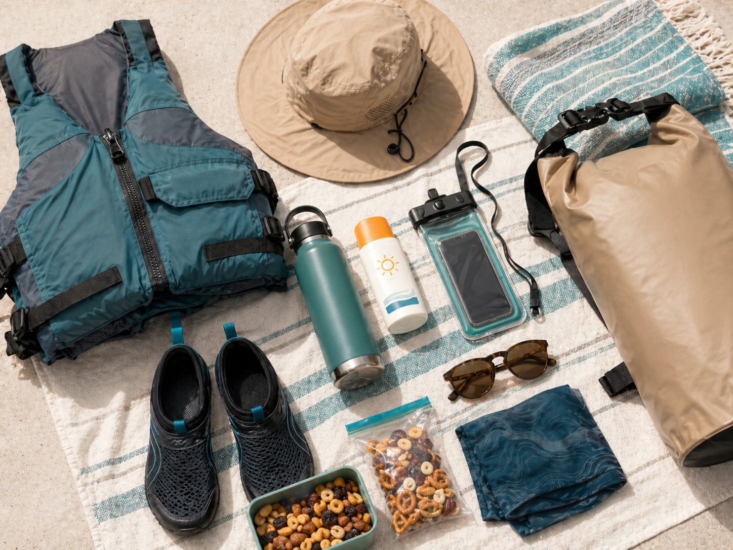 Packed float-day gear laid out on a blanket.
