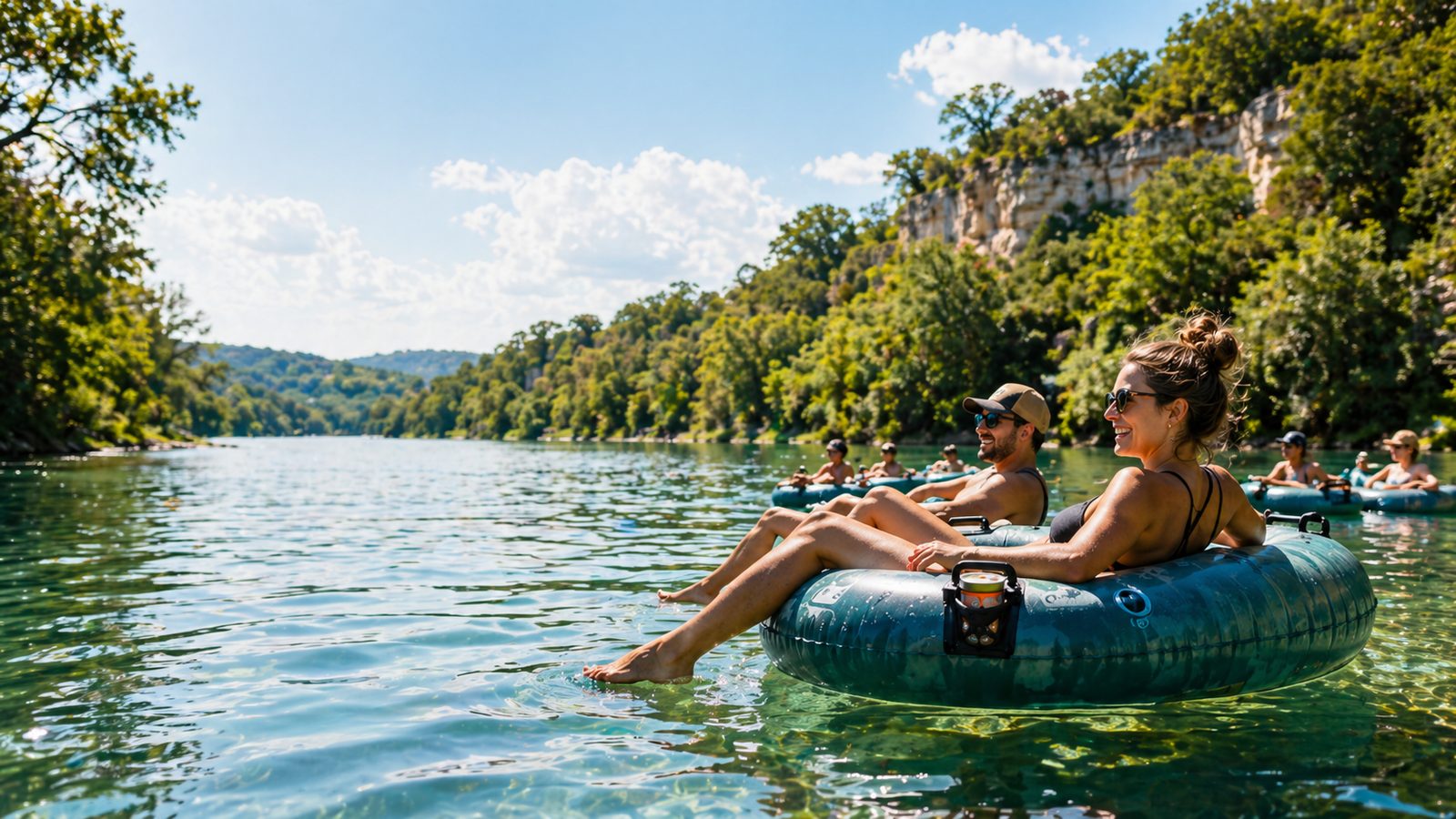 Sunny river scene with people floating in Central Texas.
