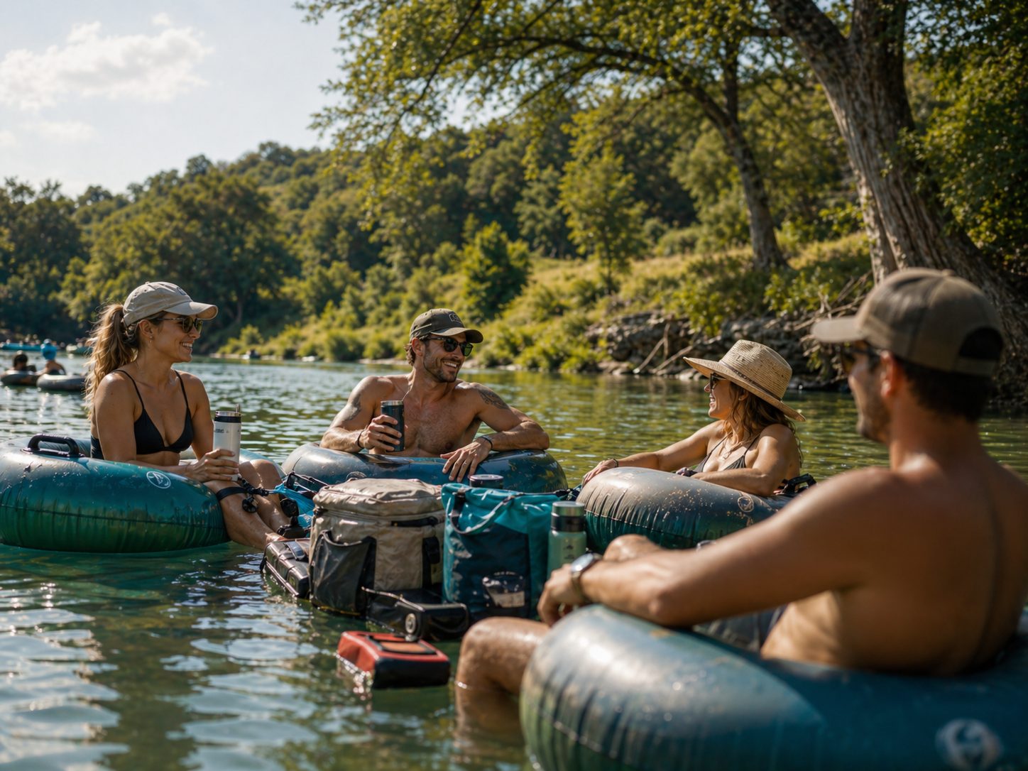 Friends floating together on a bright Central Texas river day